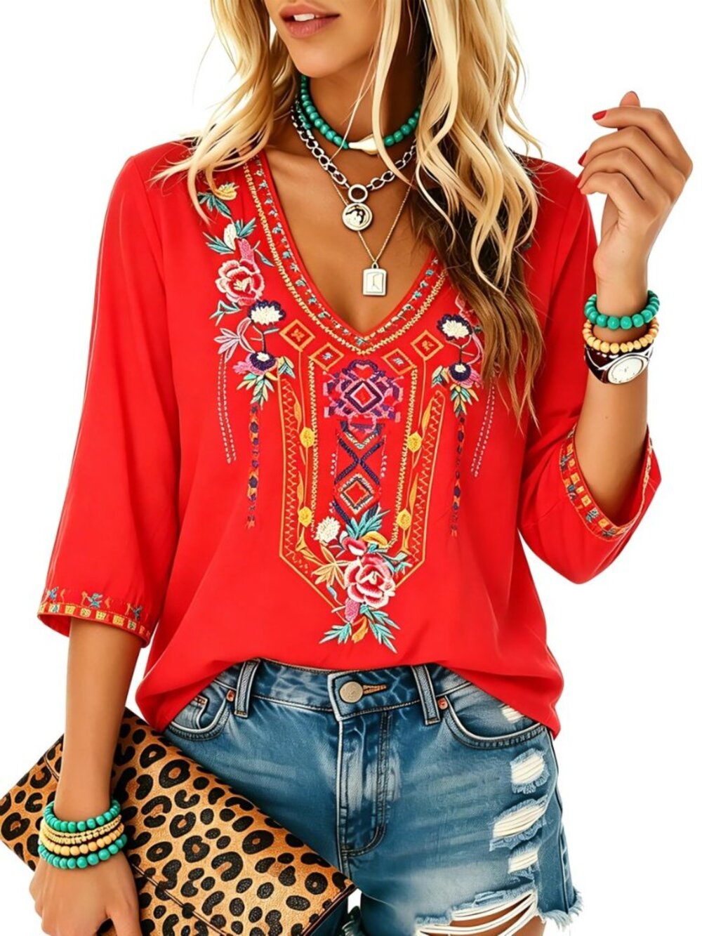 Women's Mexican Embroidered Tops Bohemian Style Peasant 3/4 Sleeve Fiesta Shirts